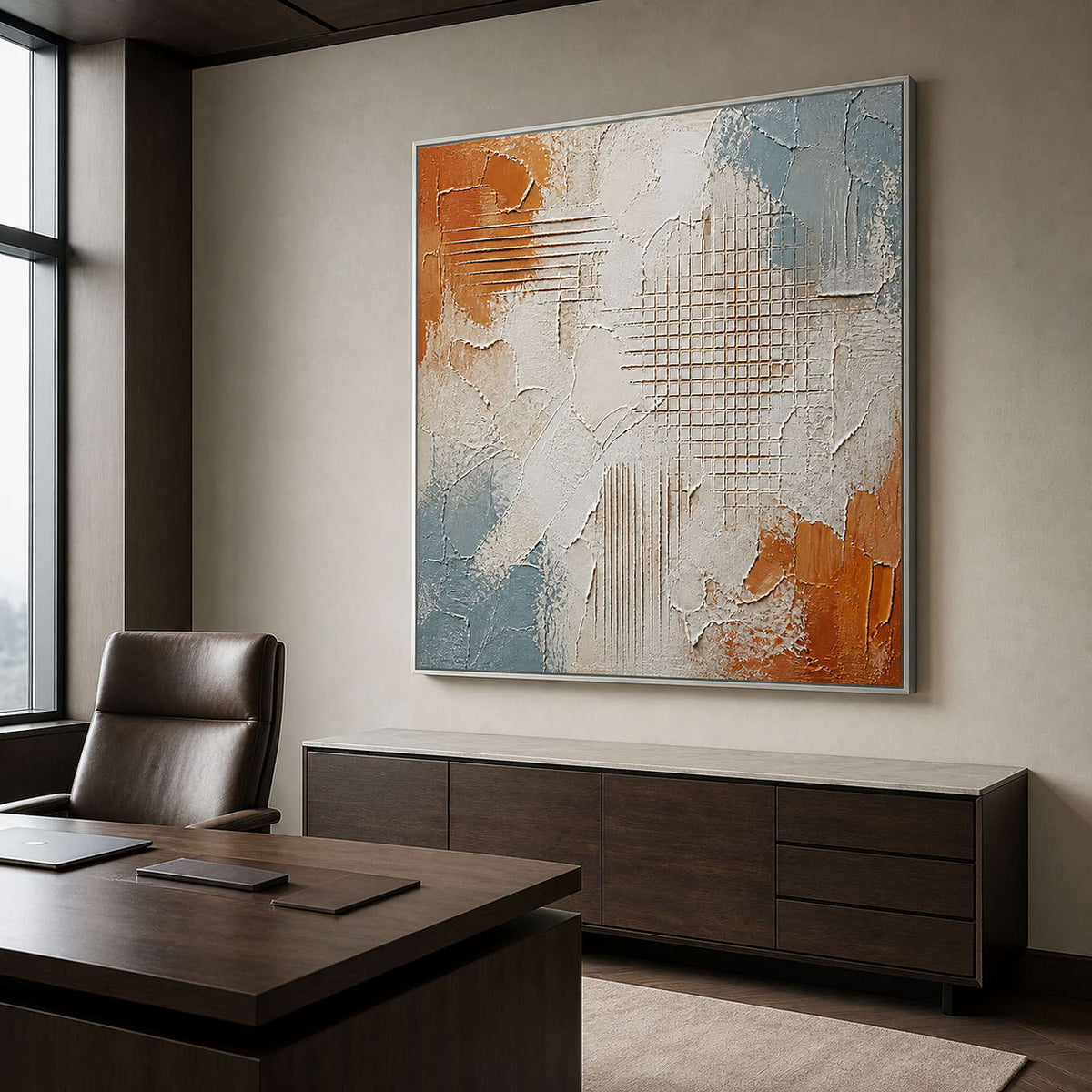 Geometric abstract wall art displayed in a sophisticated office with a silver frame.