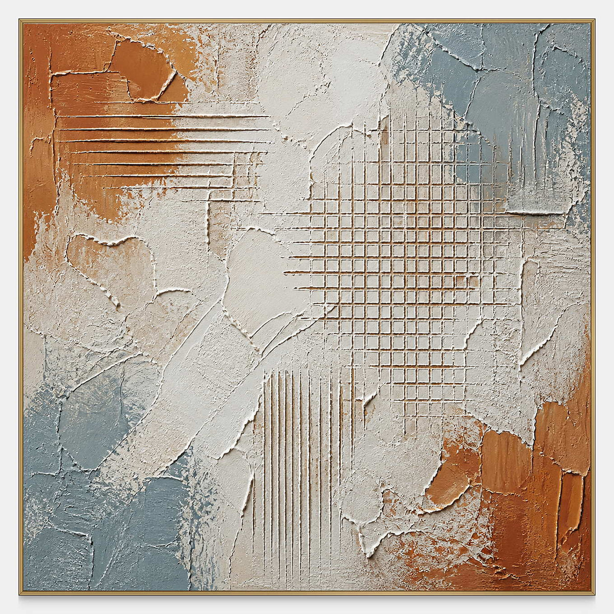 Hand-painted abstract wall art with white plaster, rust, blue, and incised grids.