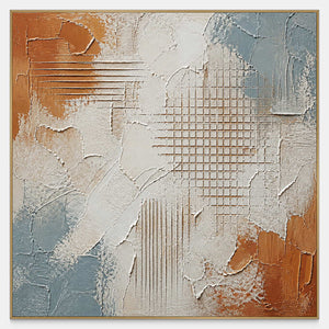 Hand-painted abstract wall art with white plaster, rust, blue, and incised grids.
