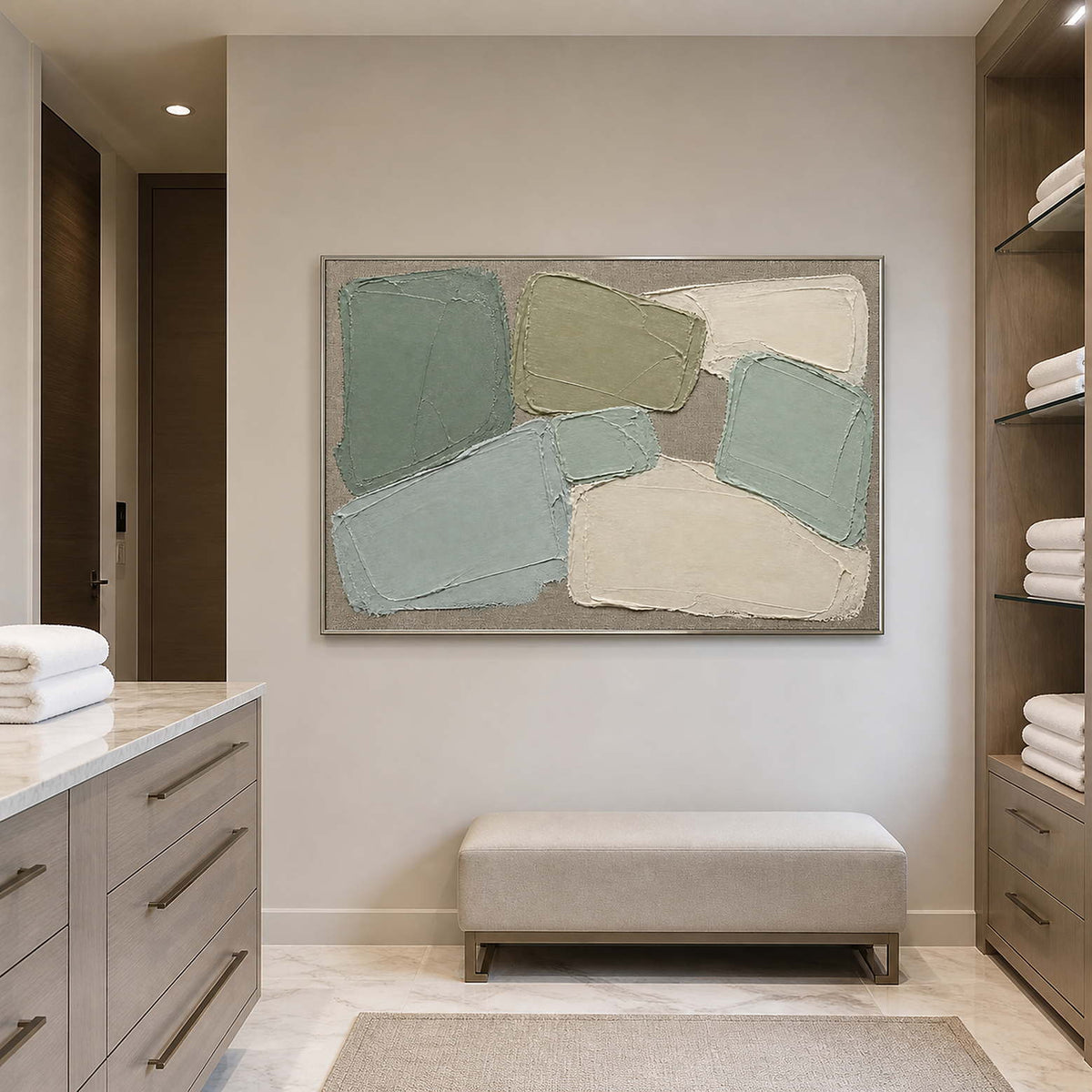 Sage textured abstract wall art displayed in a serene modern bathroom.