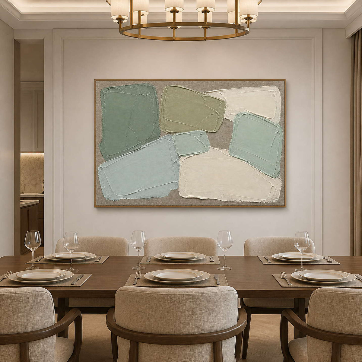 Soft green abstract wall art displayed above an elegant dining table.