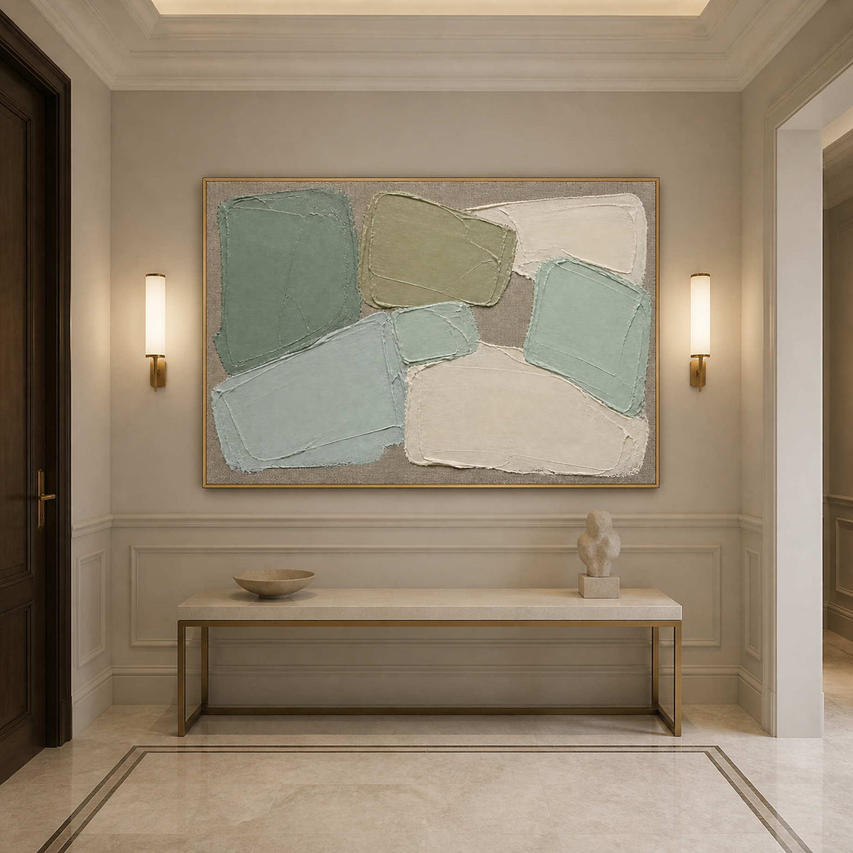 Muted green abstract wall art displayed above a minimalist entryway console.