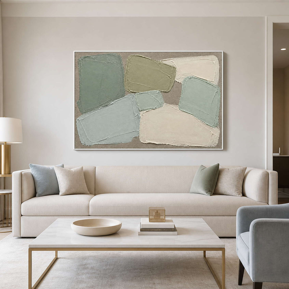 Sage green textured abstract wall art in a calm contemporary living room.