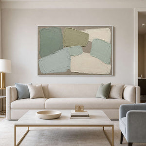 Sage green textured abstract wall art in a calm contemporary living room.