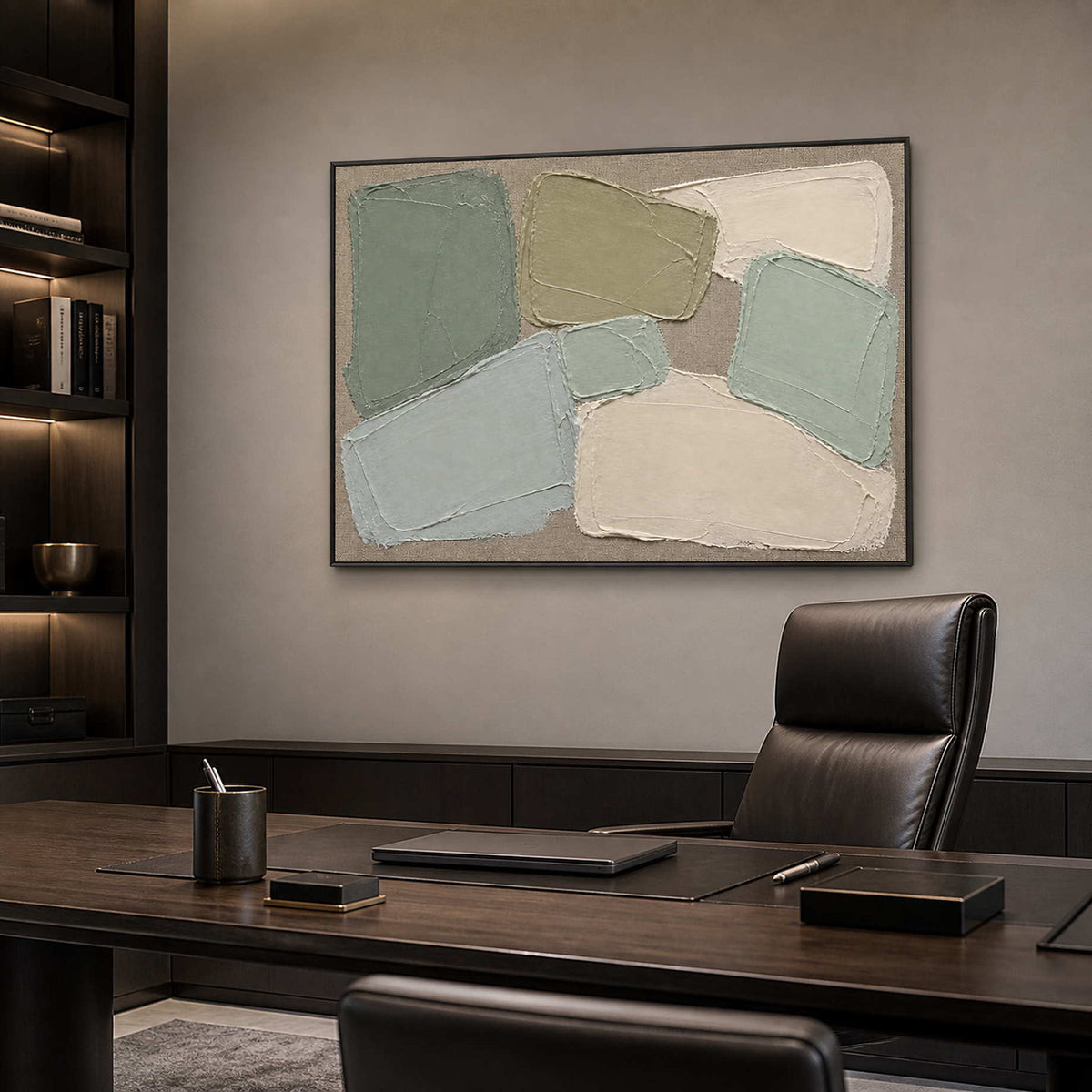 Horizontal textured abstract wall art displayed in a dark modern office.