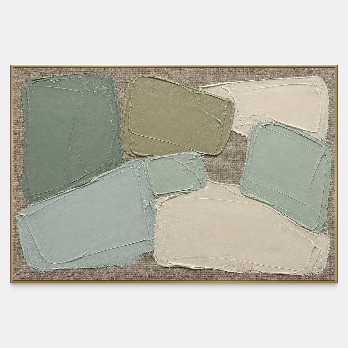 Horizontal abstract wall art with raised sage, mint, olive, and ivory forms.