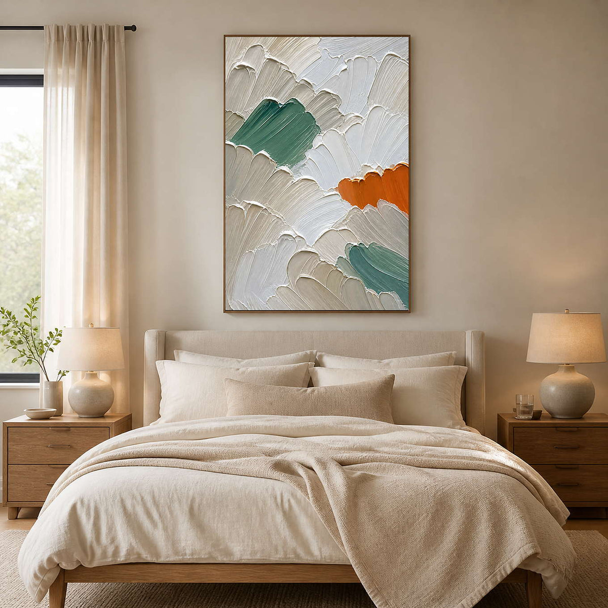 Raised ivory abstract painting styled above a warm neutral bed.