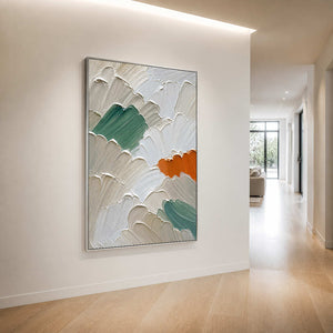 Sculptural abstract wall art gives a bright hallway quiet rhythm.