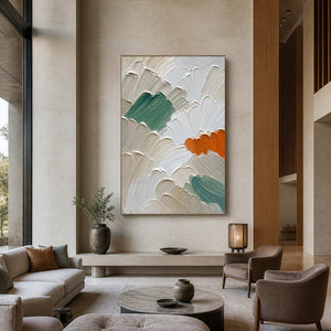 Vertical textured abstract wall art displayed in a modern hotel lobby.