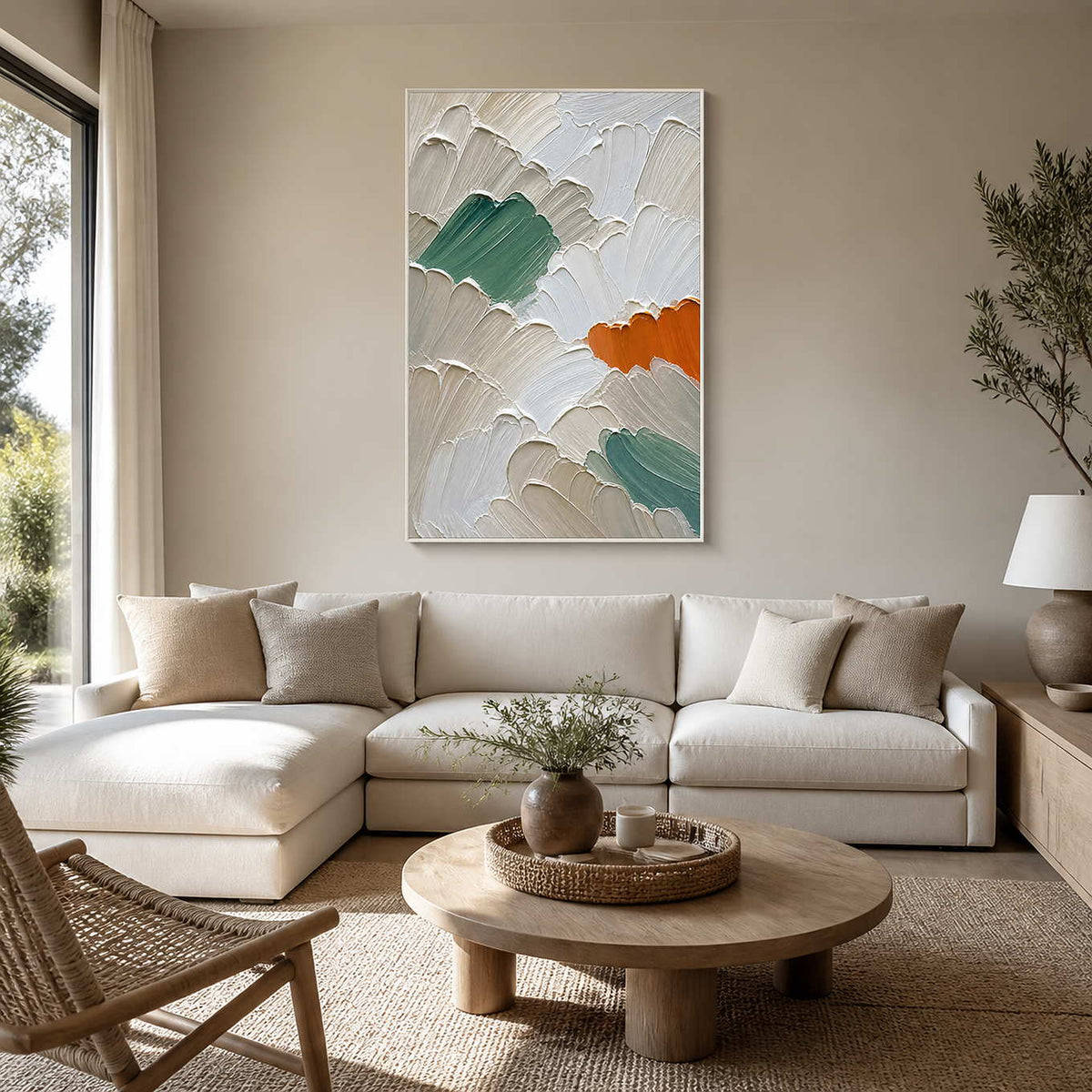 Textured sage and ivory abstract wall art in a calm living room.