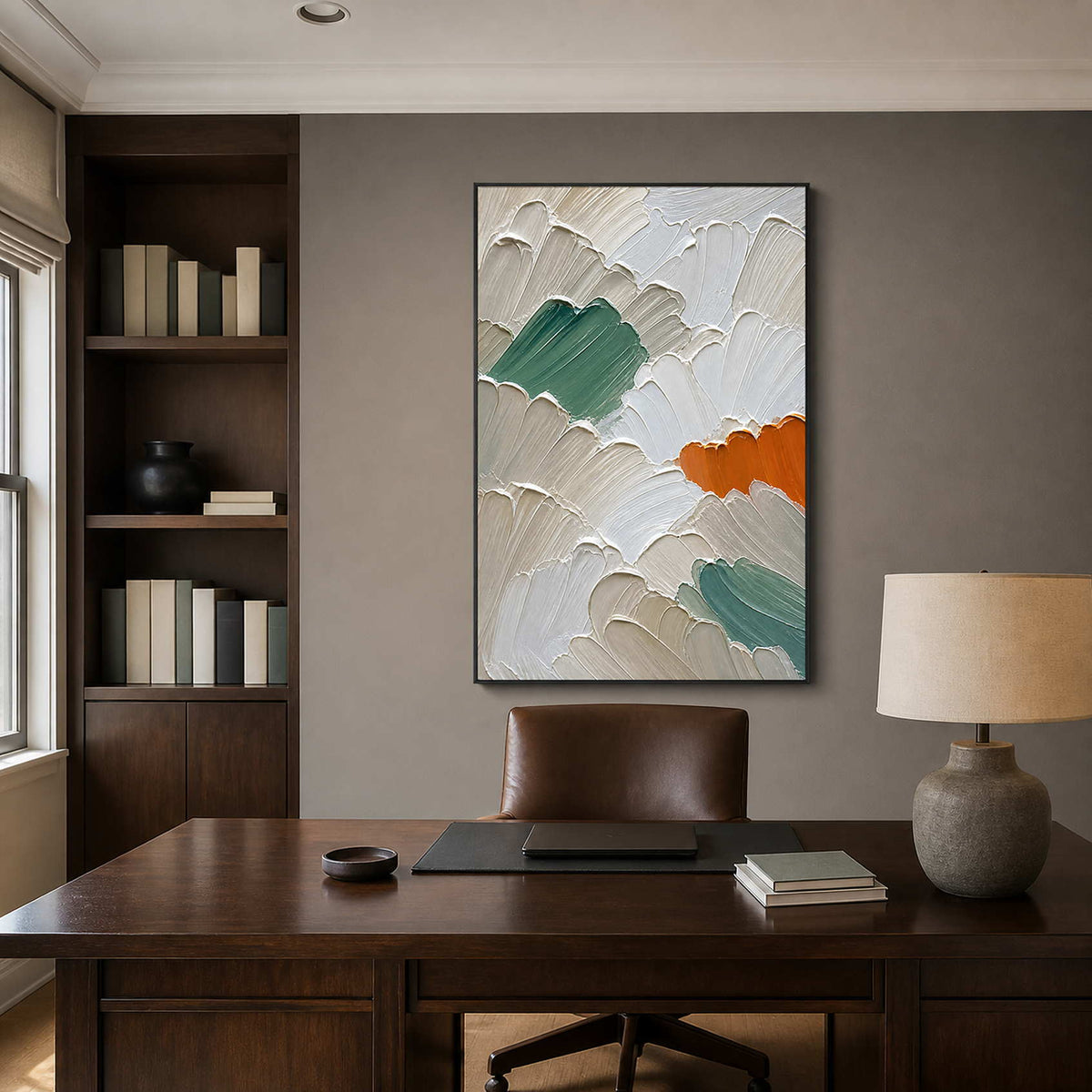 Textured vertical canvas adds composed color to a dark wood office.