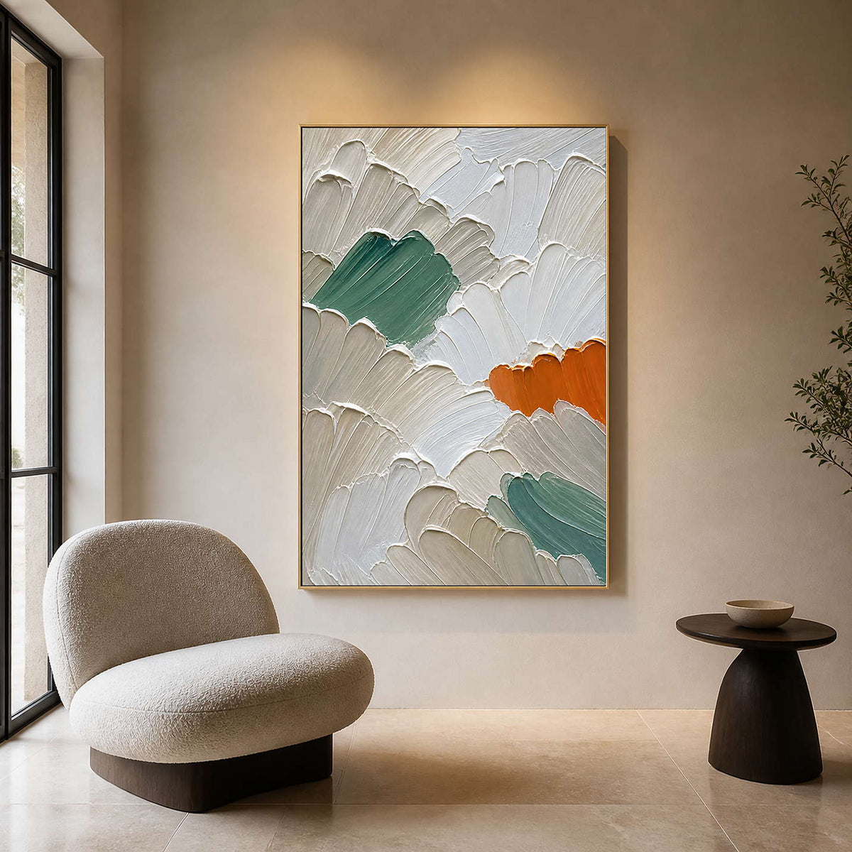 Modern impasto abstract displayed in an intimate private gallery.