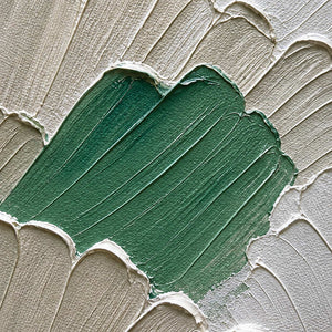 Close-up of deep sage paint and raised ivory palette-knife ridges.