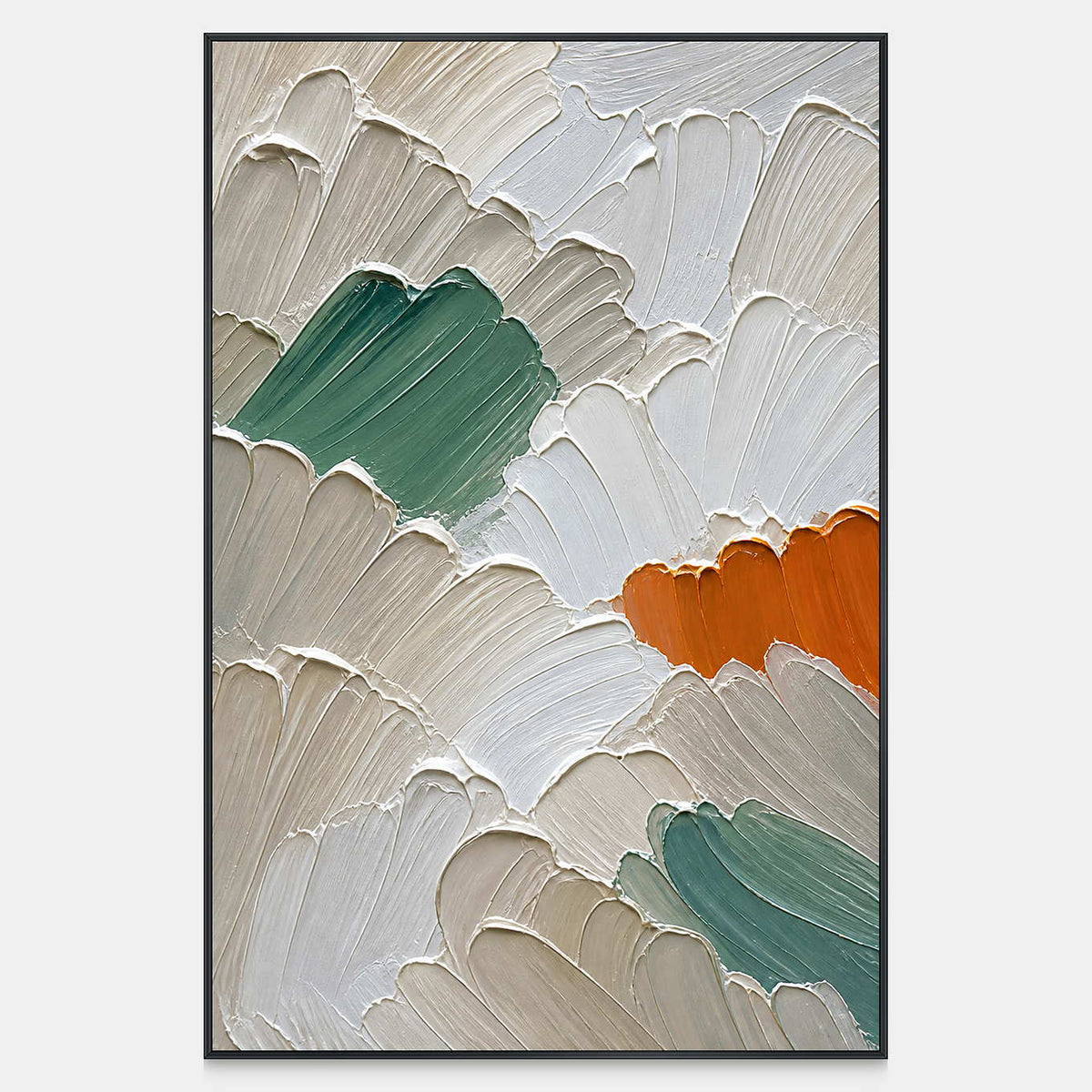 Hand-painted abstract canvas with raised ivory, sage, and orange arcs.