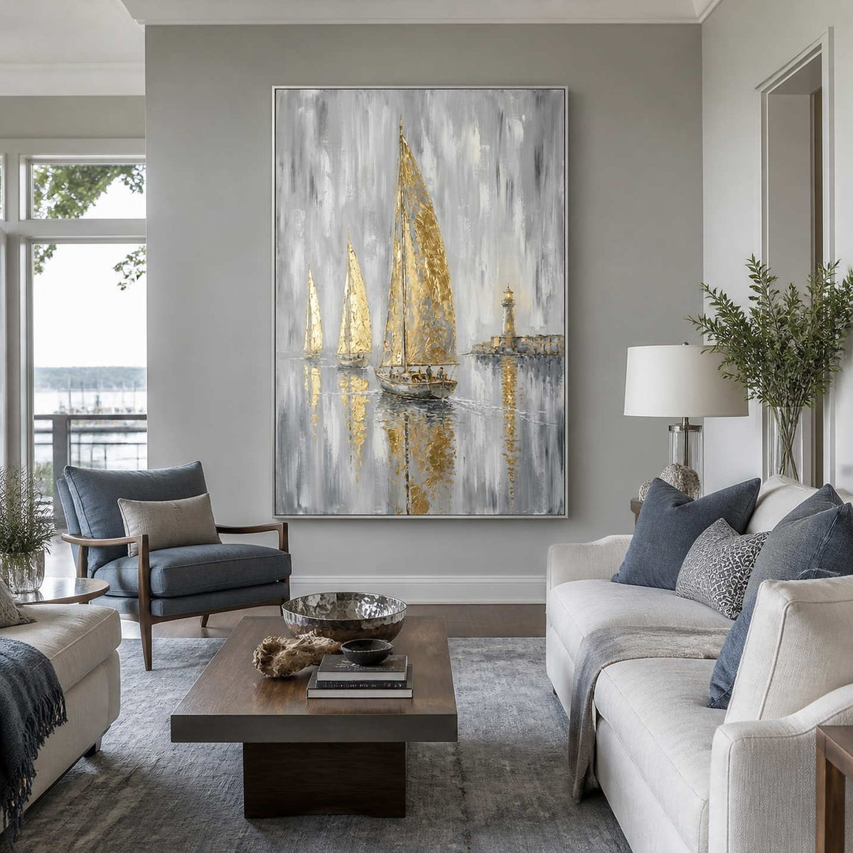 Gilded coastal sailboat wall art displayed in a light contemporary living room.