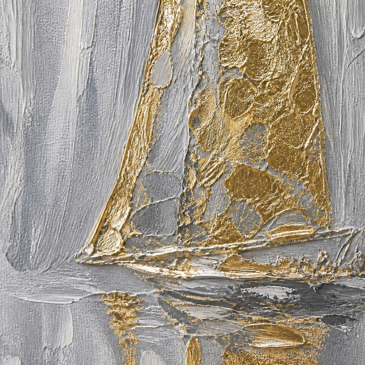 Close-up of raised gold texture across a sail and harbor reflection.