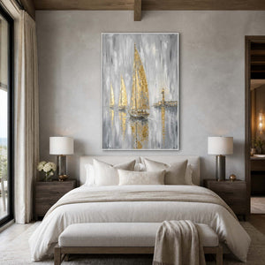 Quiet coastal painting styled above a serene mist-gray bedroom.
