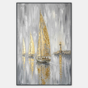 Hand-painted sailboat canvas in misted gray, white, and warm gold.