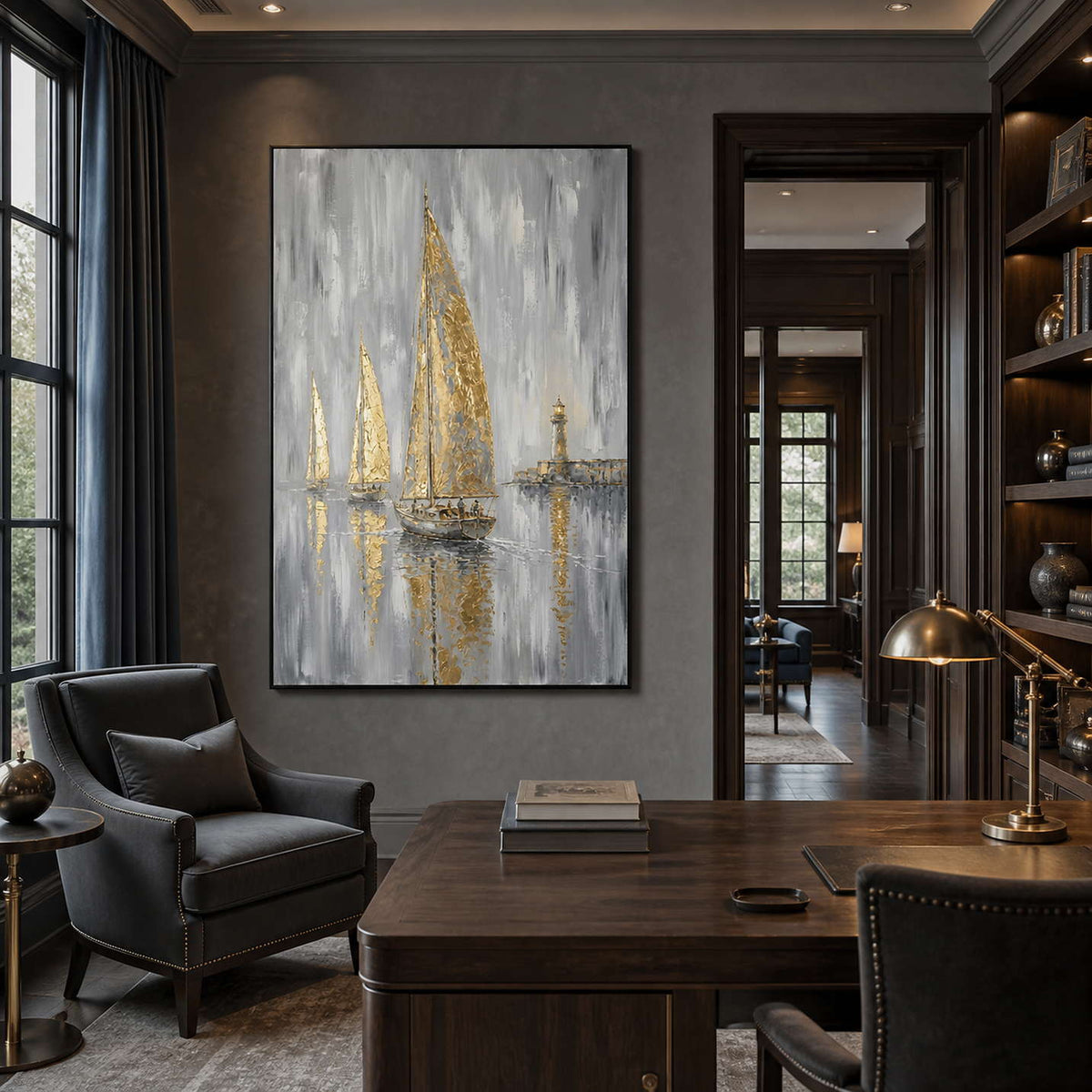 Vertical sailboat wall art displayed in a dark walnut home office.