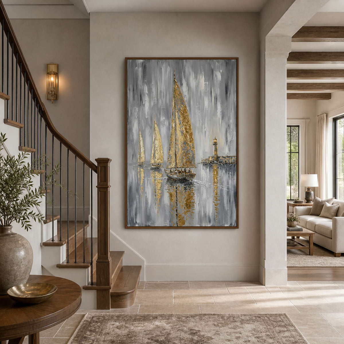 Gilded coastal canvas displayed beside a warm residential entryway staircase.