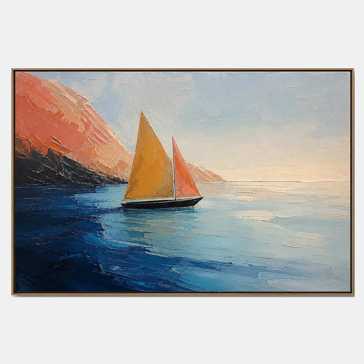 Hand-painted coastal wall art with blue, warm tones, and white tones.