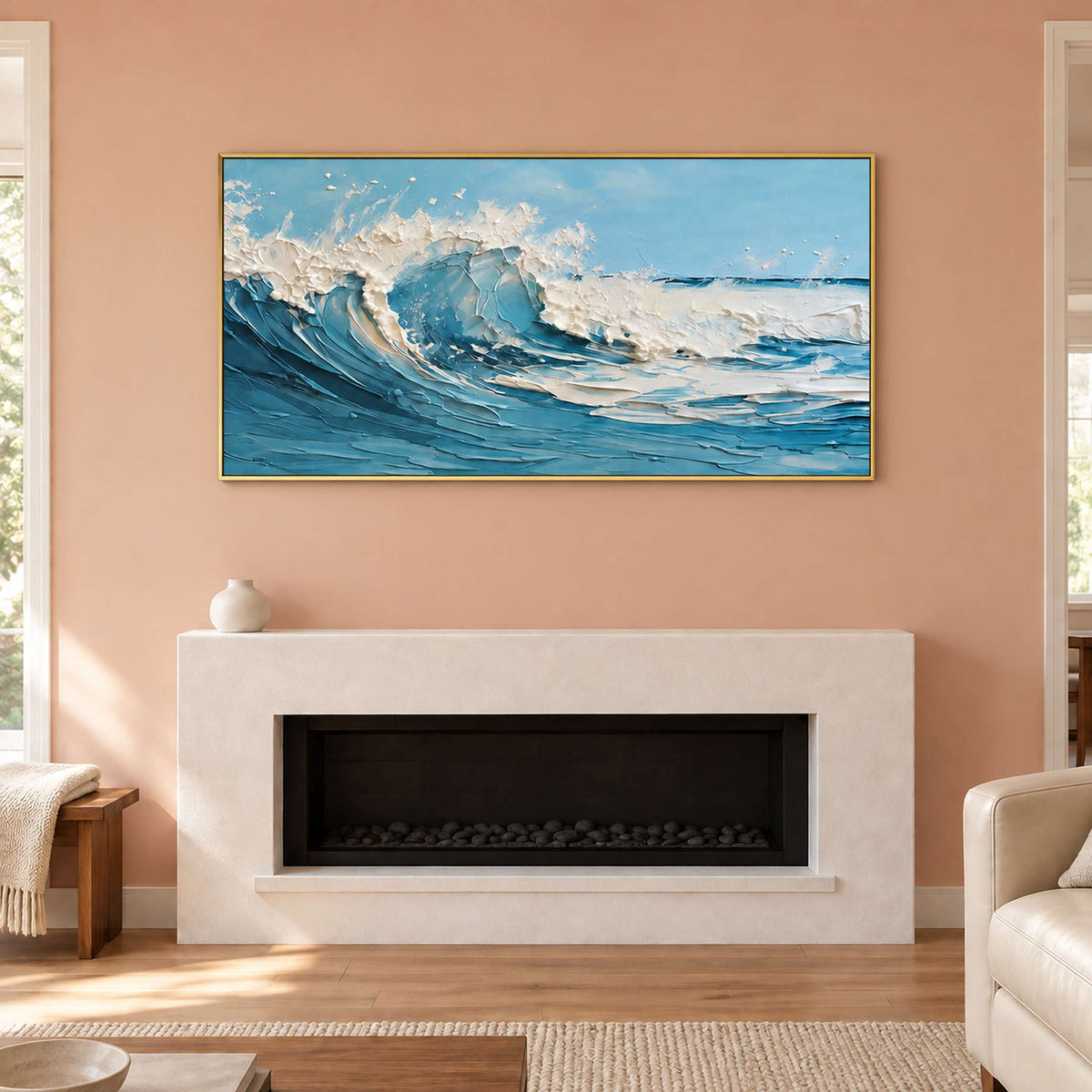 Curling-wave artwork above a pale fireplace against a peach wall.