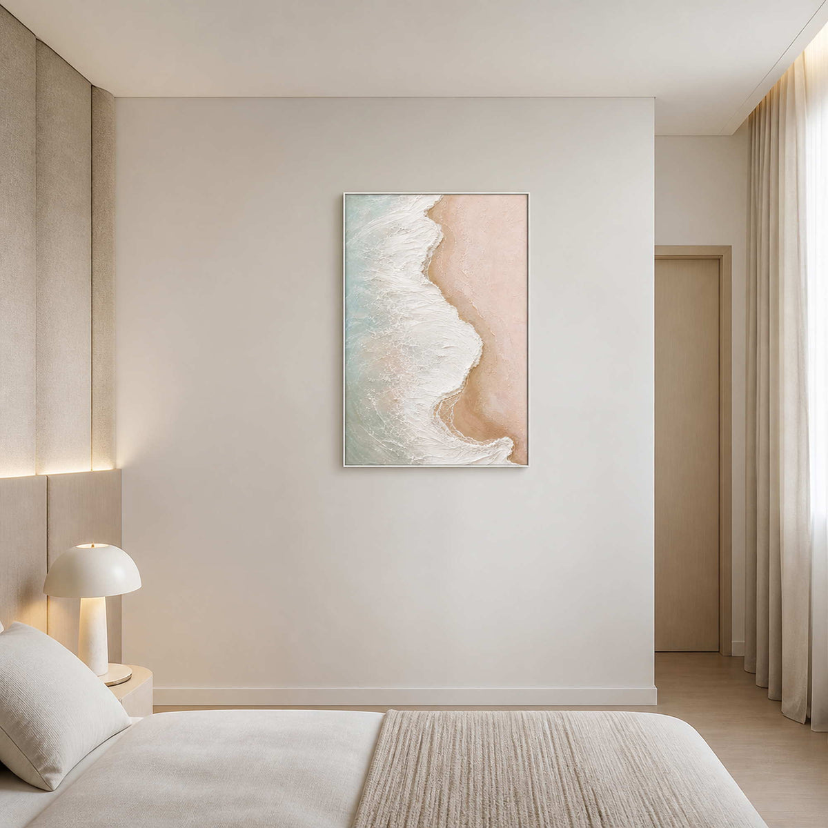 Textured Coastal Wall Art displayed in a refined bedroom.