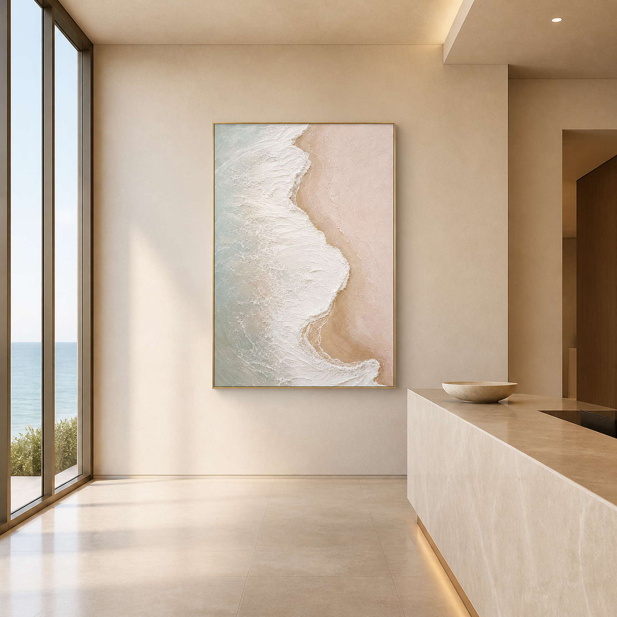Textured Coastal Wall Art displayed in a refined hospitality lounge.