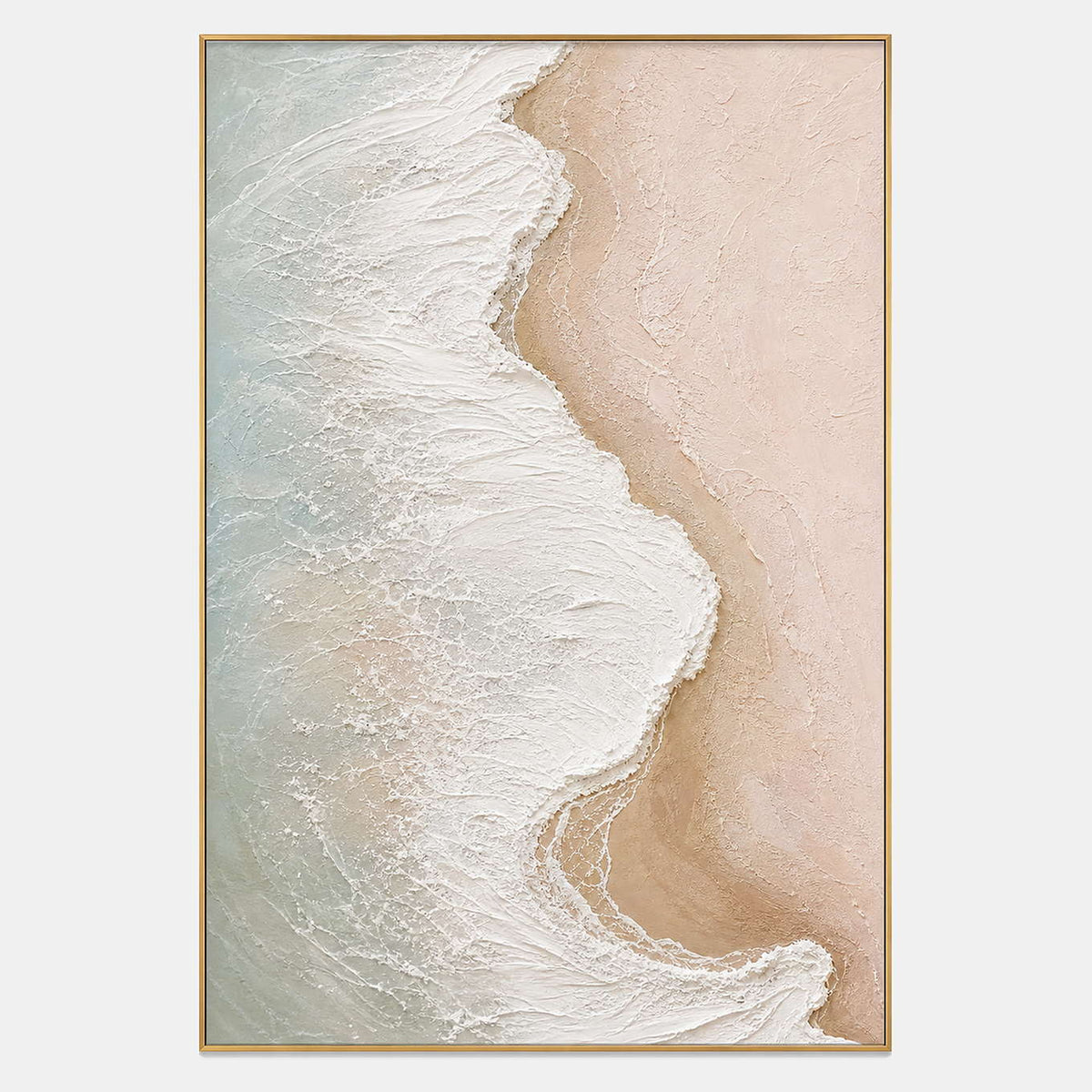 Hand-painted textured coastal wall art with white, beige & cream, and blue tones.