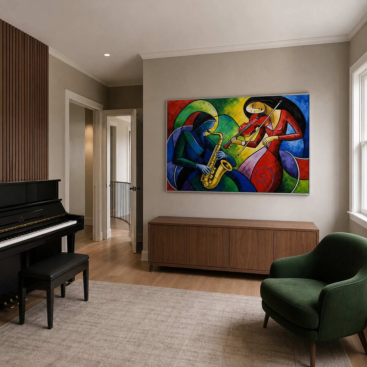 Colorful saxophone and violin artwork displayed in a home music practice room.