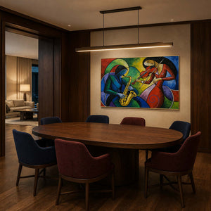 Modern musician wall art displayed in a dark wood jewel-tone dining room.