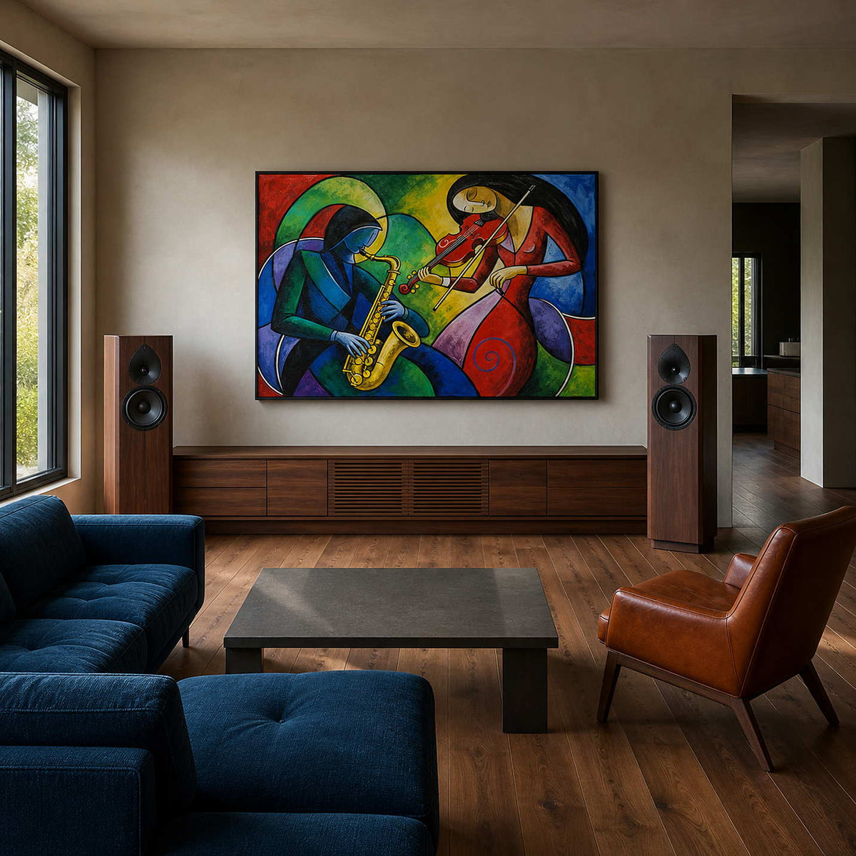 Colorful saxophone and violin wall art displayed in a contemporary listening room.