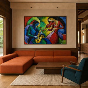 Cubist music wall art styled above a warm wood mid-century family lounge.