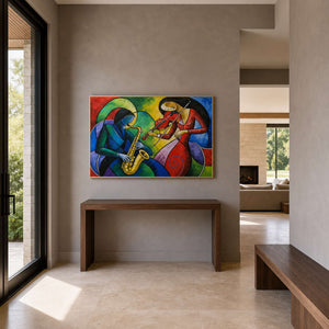Colorful saxophone and violin artwork brightens a modern residential entryway.