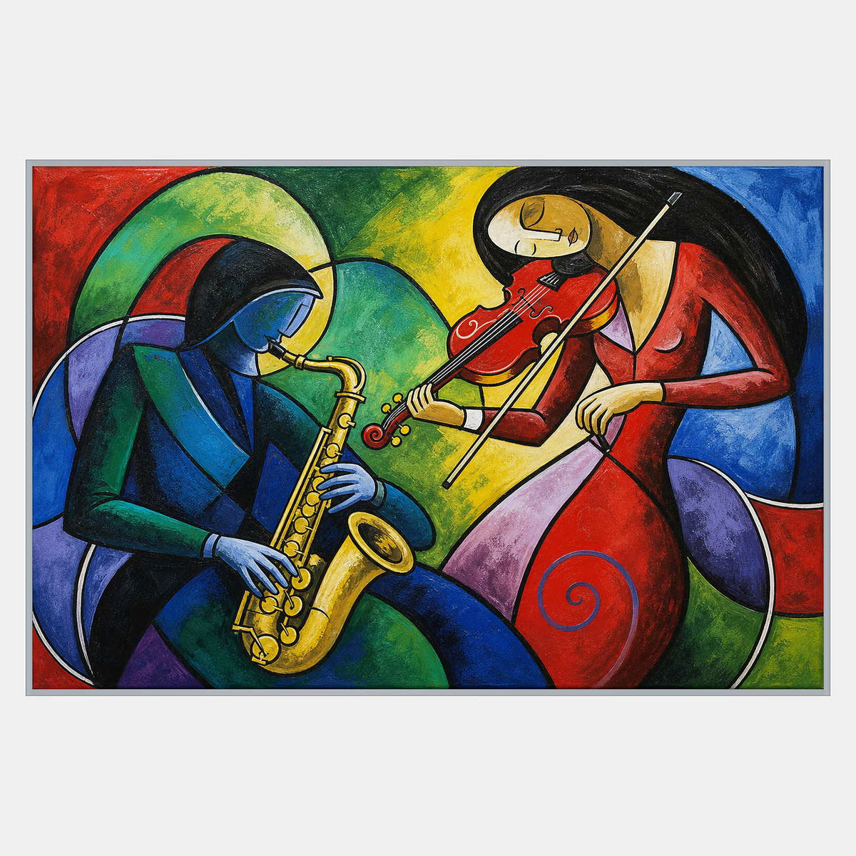 Hand-painted modern music artwork with a blue saxophonist and red violinist.