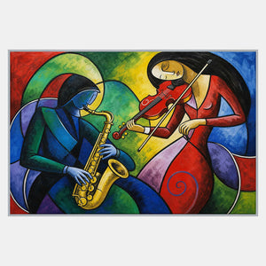 Hand-painted modern music artwork with a blue saxophonist and red violinist.