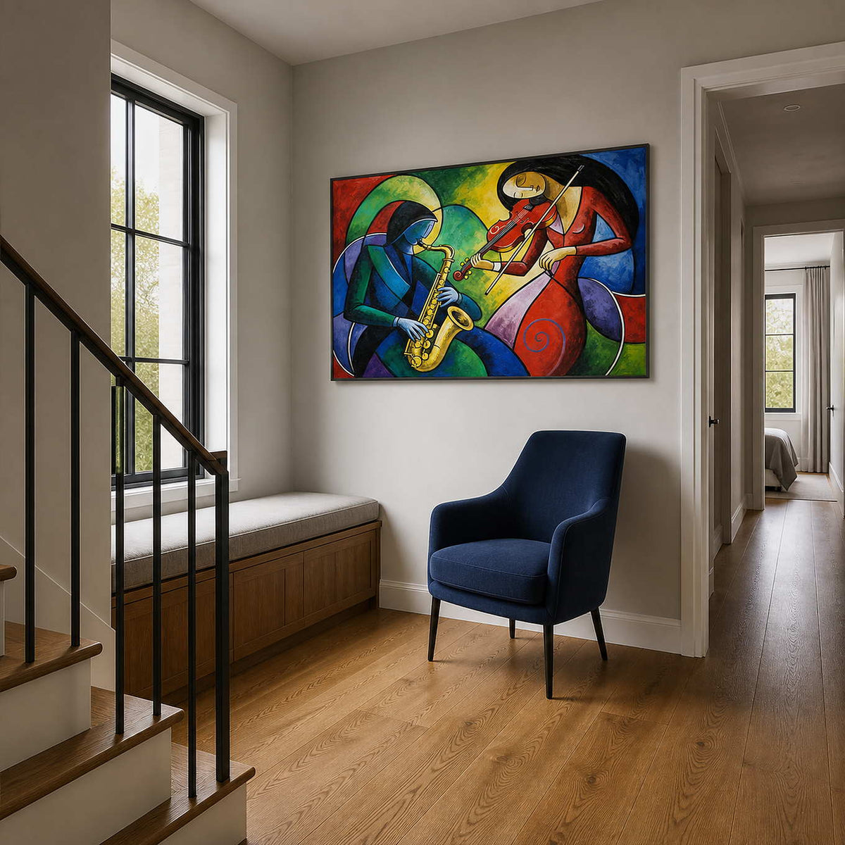 Horizontal modern music art displayed on a residential stair reading landing.