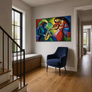 Horizontal modern music art displayed on a residential stair reading landing.