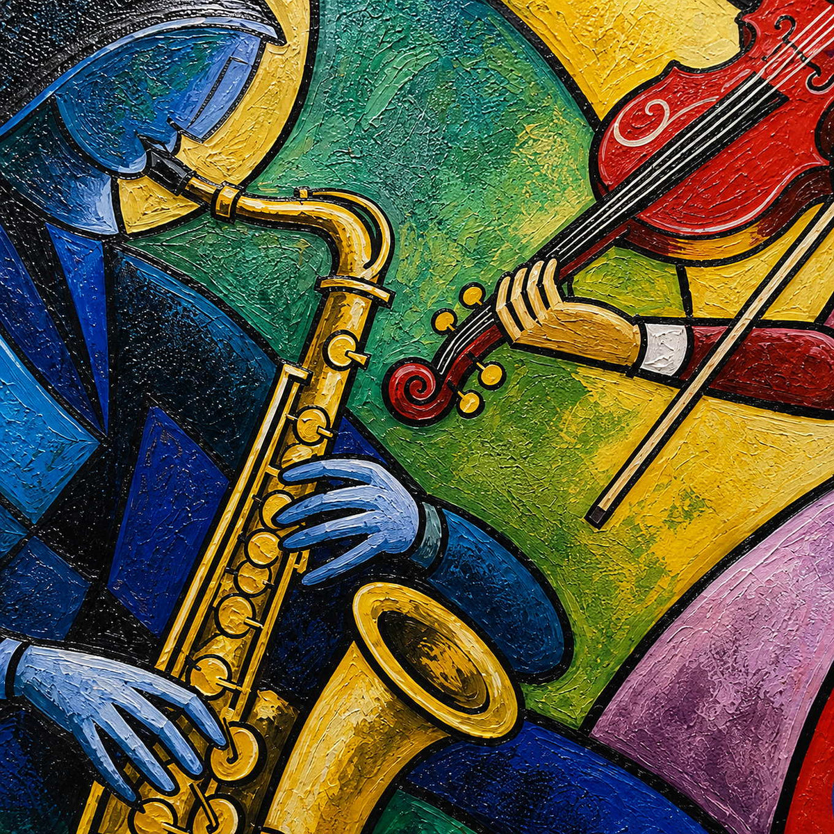 Close-up of textured blue saxophone, red violin, and green, yellow, and violet cubist color.