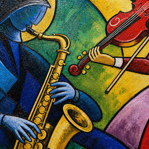 Close-up of textured blue saxophone, red violin, and green, yellow, and violet cubist color.