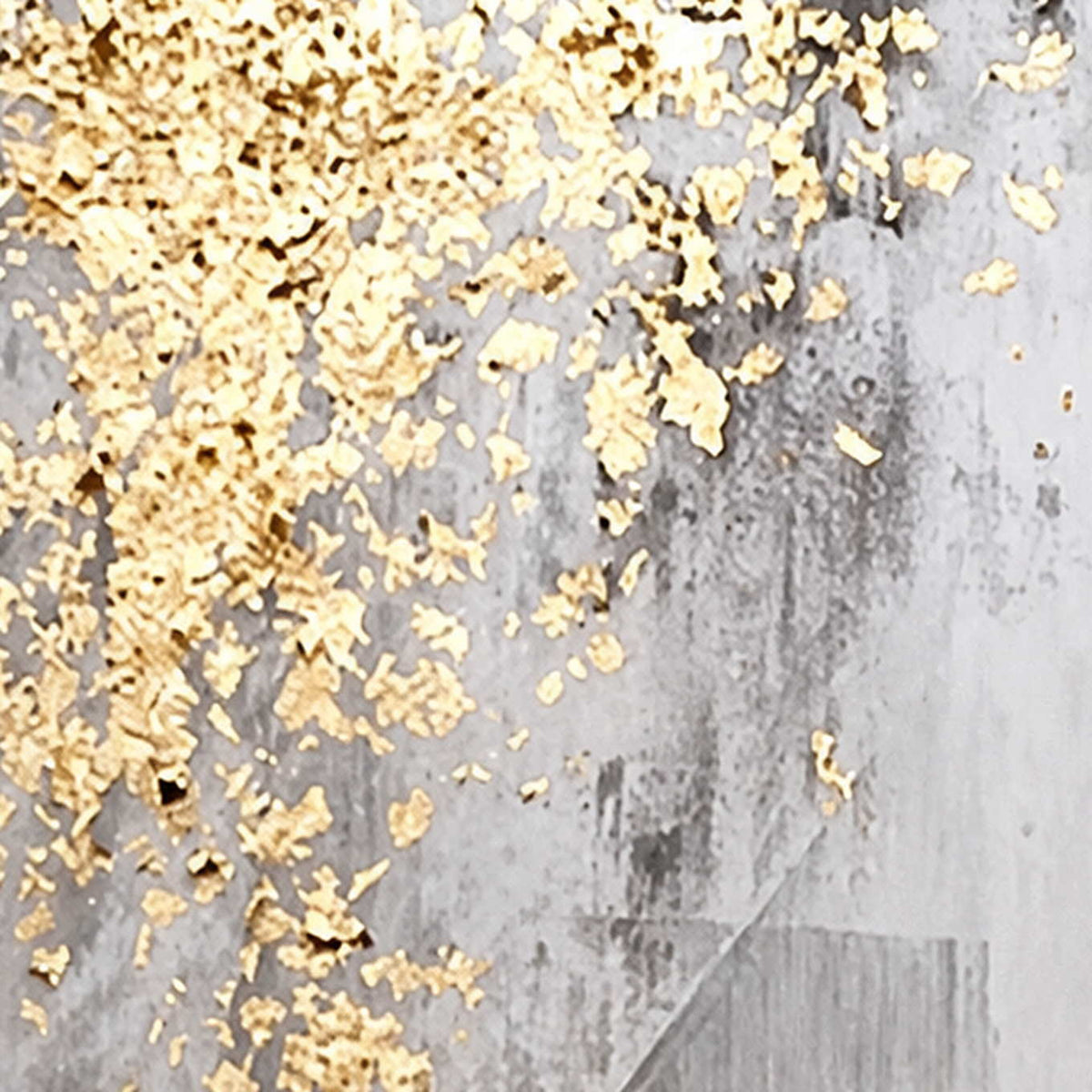 Close view of irregular gold flecks over layered gray brushwork and pale scraped marks.
