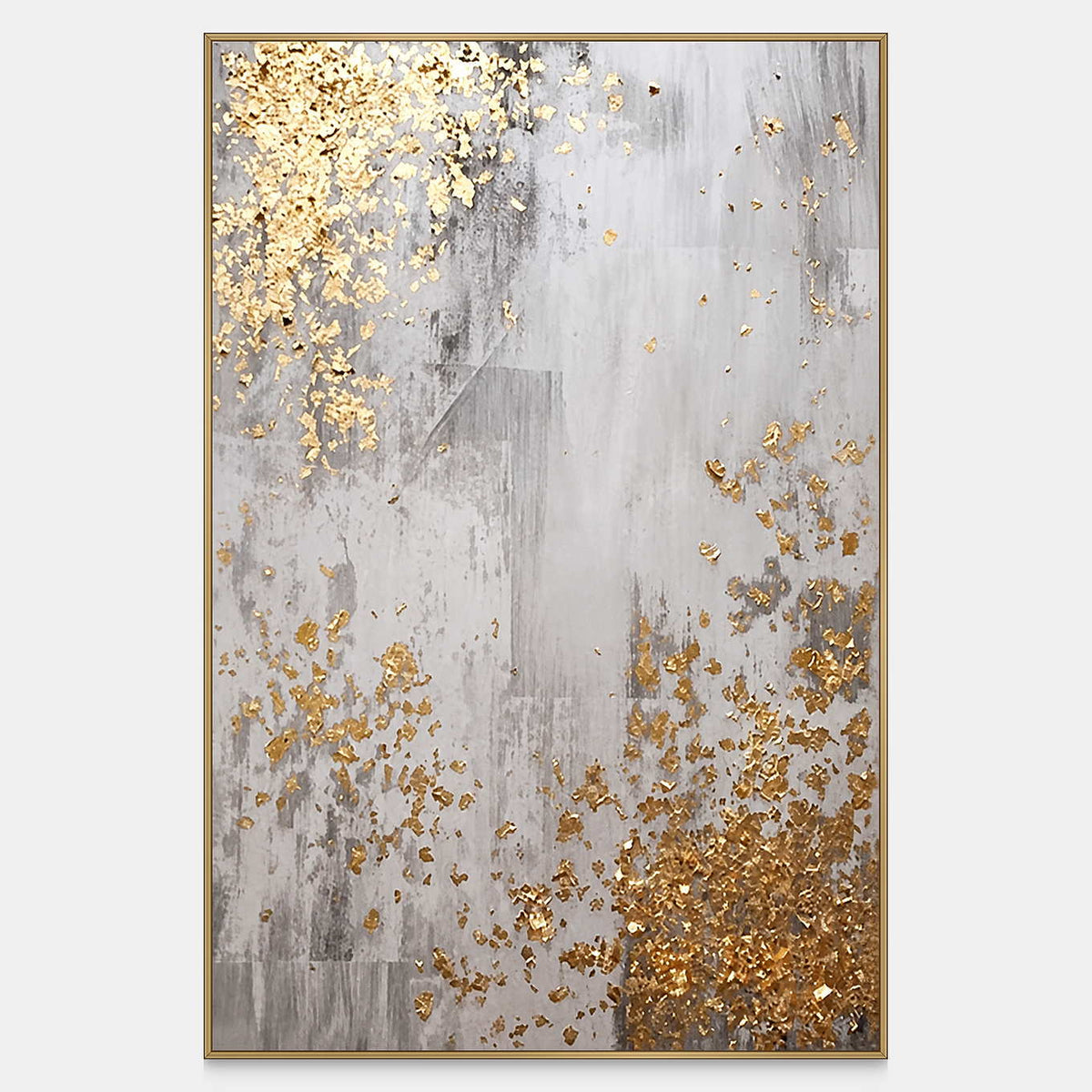 Vertical gray abstract artwork with gold flecks clustered around an open pale center.