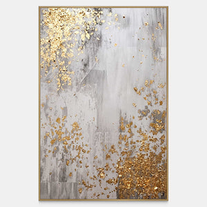 Vertical gray abstract artwork with gold flecks clustered around an open pale center.