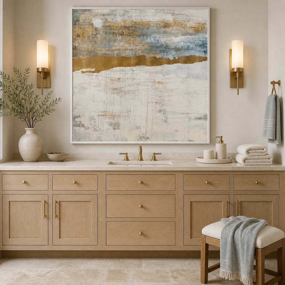 White framed cream and blue abstraction above a light wood bathroom vanity.