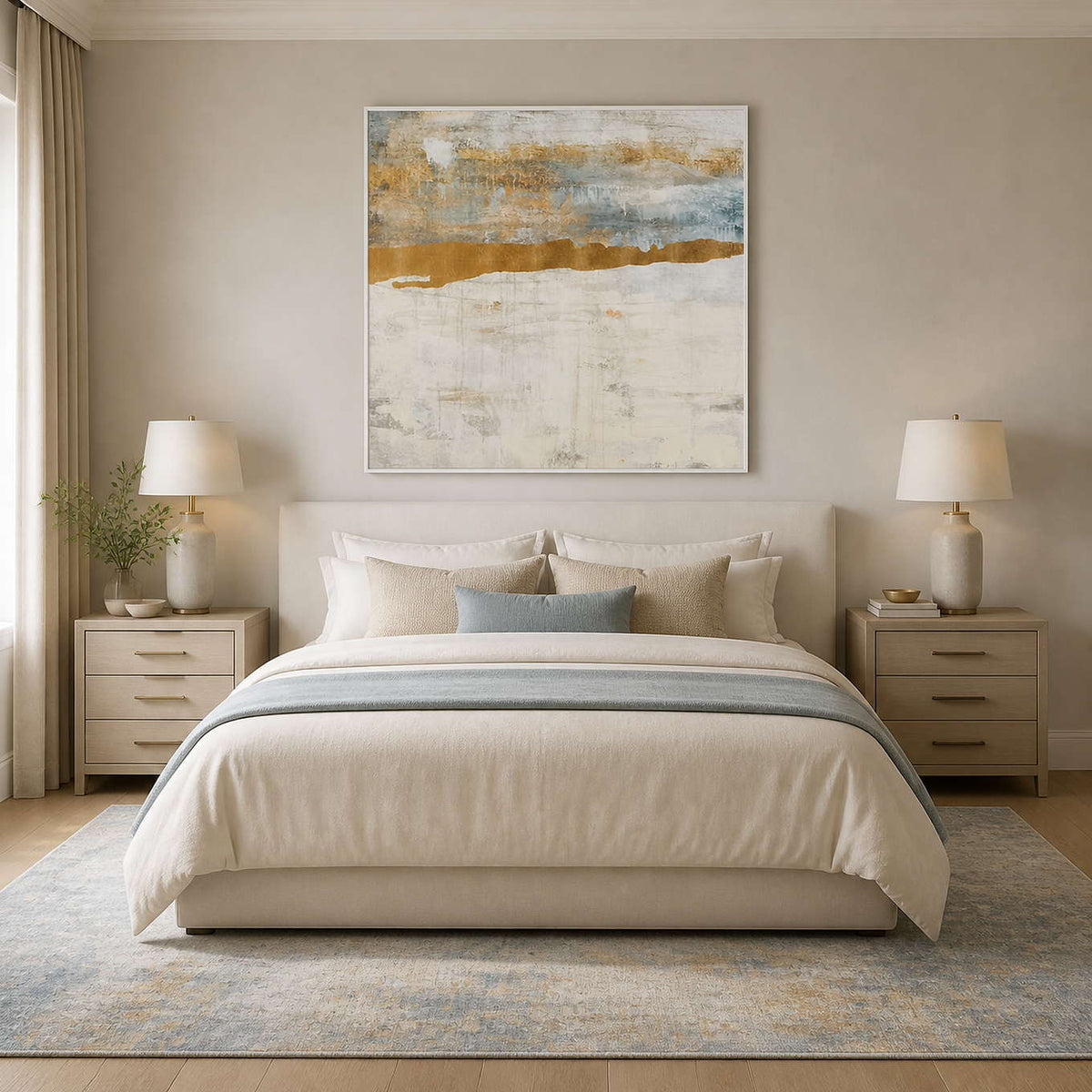 White framed square abstract painting above cream bedding with a soft blue throw.
