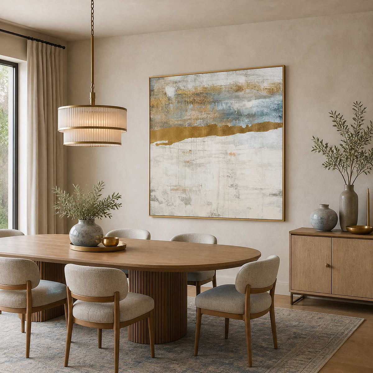Gold framed blue and cream abstraction beside an oval dining table and upholstered chairs.