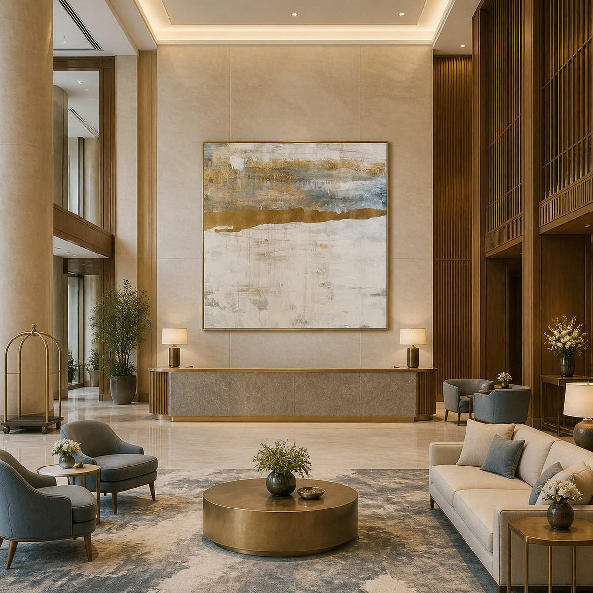 Gold framed pale abstract artwork above a hotel reception desk facing lounge seating.
