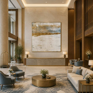 Gold framed pale abstract artwork above a hotel reception desk facing lounge seating.