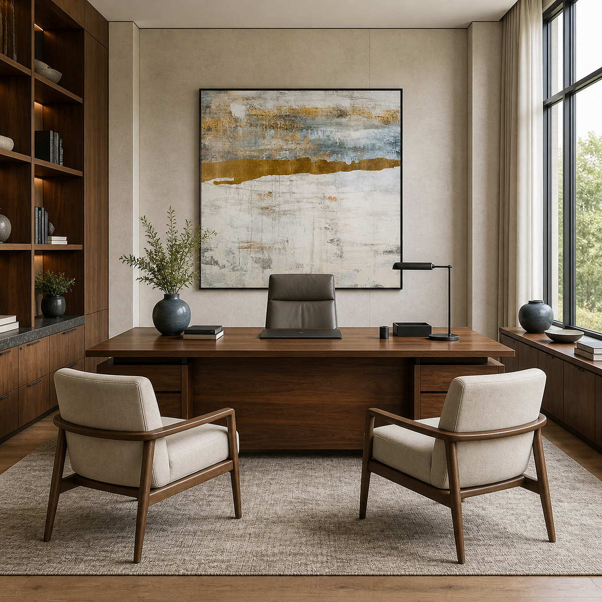 Black framed square painting with a gold horizon behind a walnut office desk.