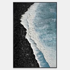 Pale blue textured forms and raised white edges meet finely speckled black.